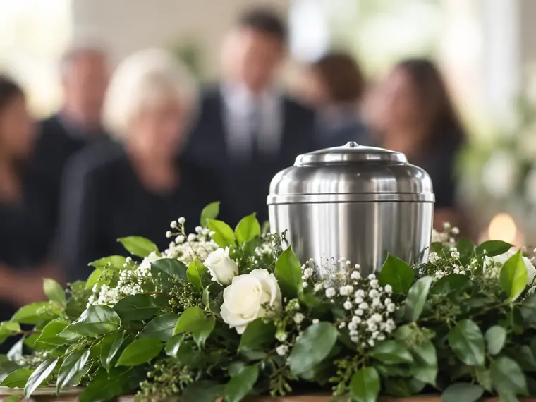 Urna funerária prateada cercada por flores brancas durante cerimônia