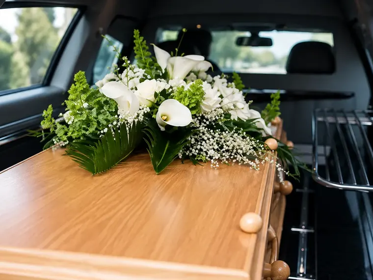Caixão com arranjo de flores no interior do carro funerário, pronto para o traslado